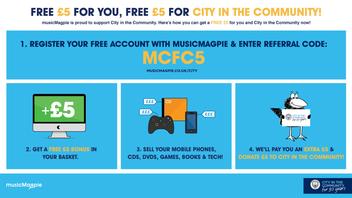 Register your free account at musicmagpie.co.uk/city, enter the referral code MCFC5 and then follow the steps above!