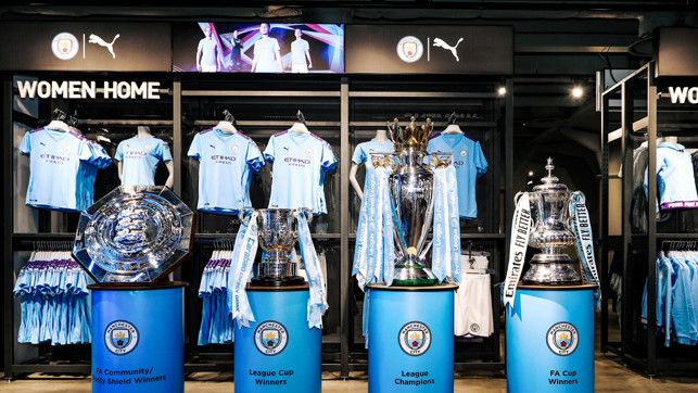 AWESOME FOURSOME: The Community Shield, Carabao Cup, Premier League trophy and FA Cup are also on display following City's historic Fourmidable campaign of last season