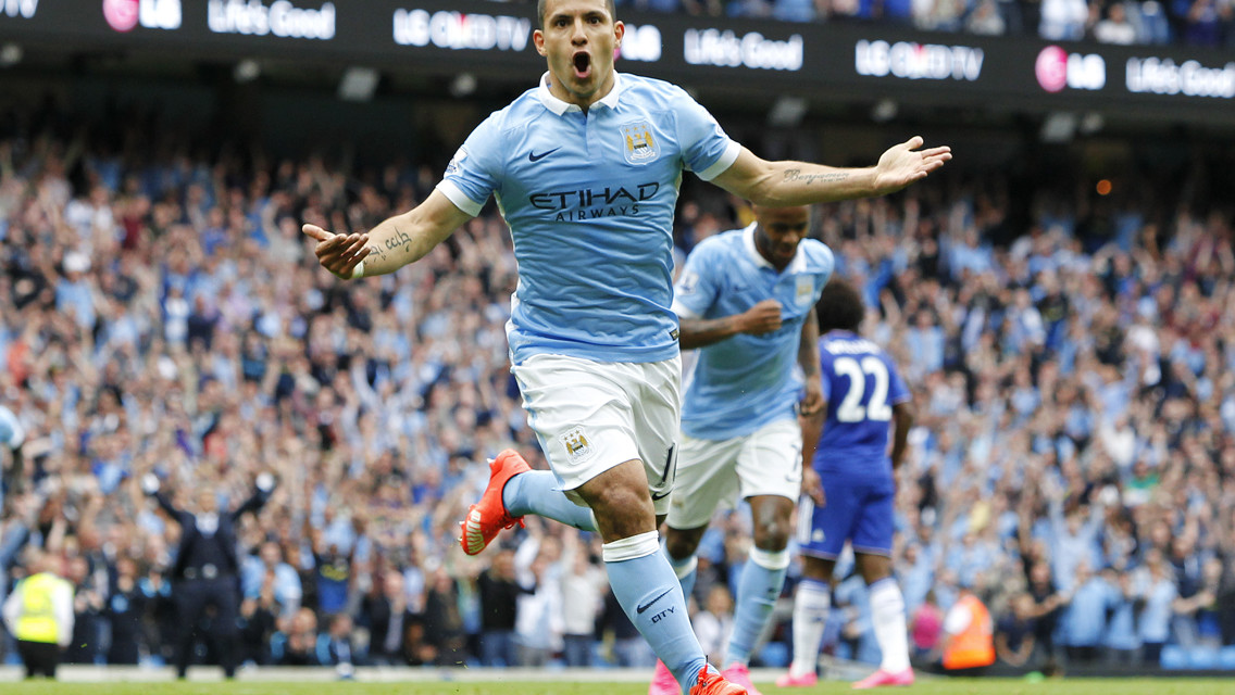 CROWD PLEASER: Aguero reels away after scoring against Chelsea in 2015