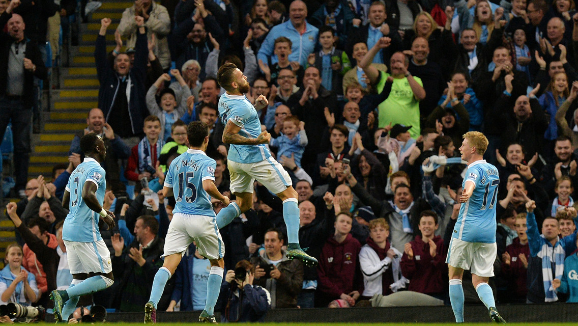 ELATION: Nicolas Otamendi scores his first goal for the Blues against Norwich in 2015