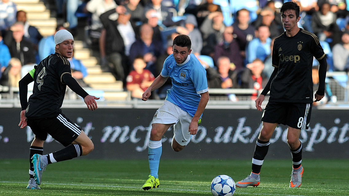 EYE ON THE PRIZE: Roberts chases the ball down against Juventus in the UEFA Youth League 
