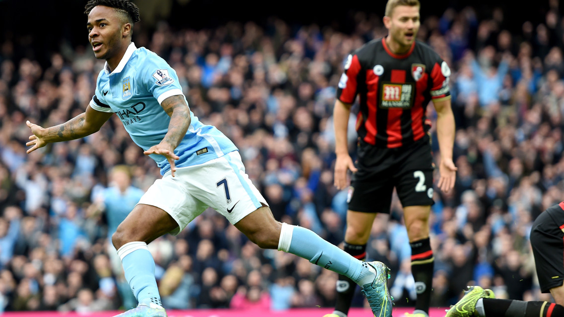 HAT-TRICK HERO: Sterling celebrates a treble against Bournemouth in 2015