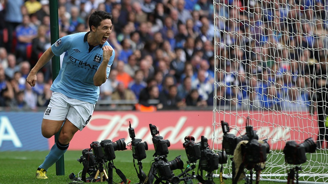 SMILE FOR THE CAMERA: Nasri celebrates after scoring in the 2013 FA Cup semi-final