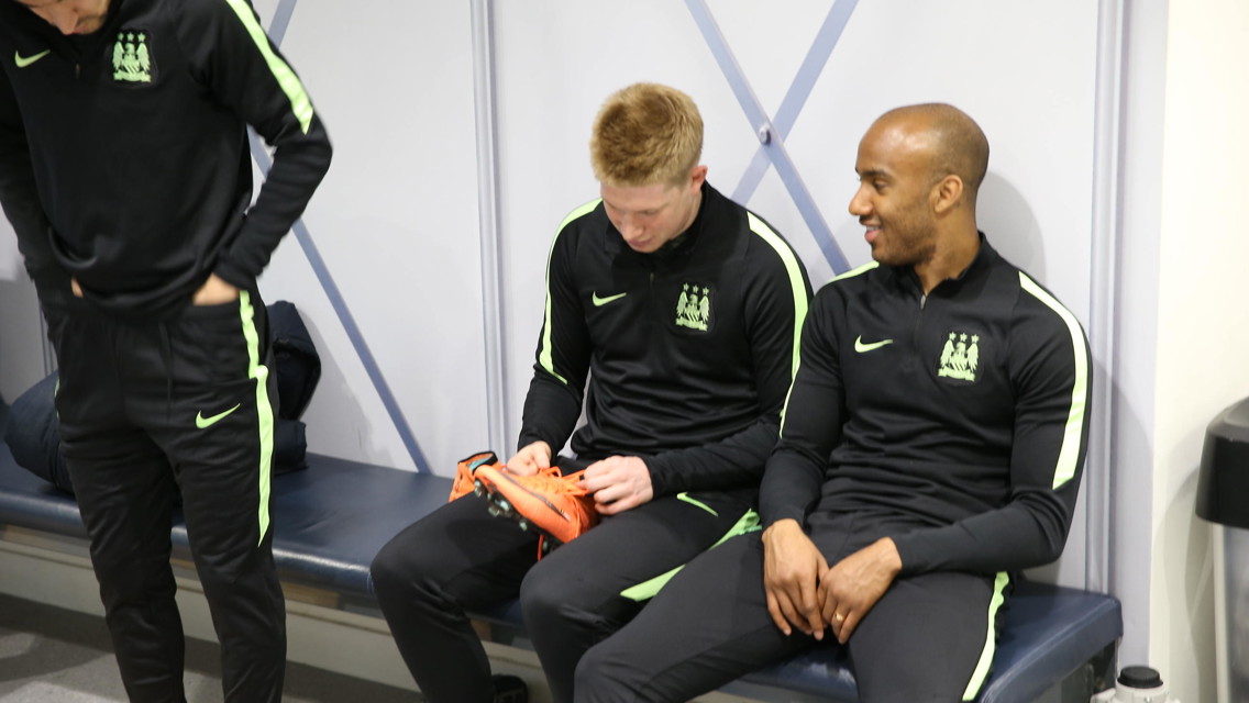 Team bonding: Kevin De Bruyne and Fabian Delph share a joke.