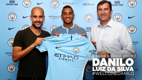 DEAL ME IN: Boss Pep Guardiola, Danilo and Chief Executive Ferran Soriano
