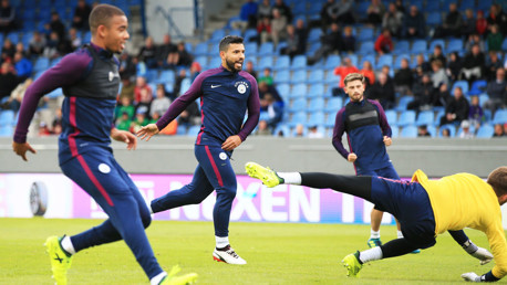 GOAL!: Sergio Aguero scores in training.