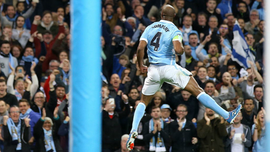 GET IN: Jumping for joy with the Etihad faithful after his effort forces Giorgio Chiellini into an own goal in the 2015/16 group stage.