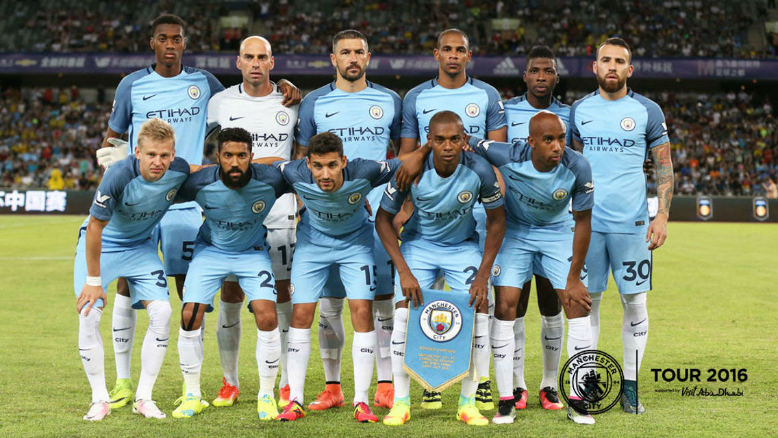 COME TOGETHER: Kelechi lines up with the rest of the team ahead of City v Dortmund.