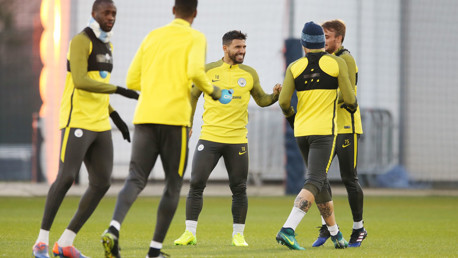 KUN AND THE GANG: Sergio Aguero shares a joke during the session