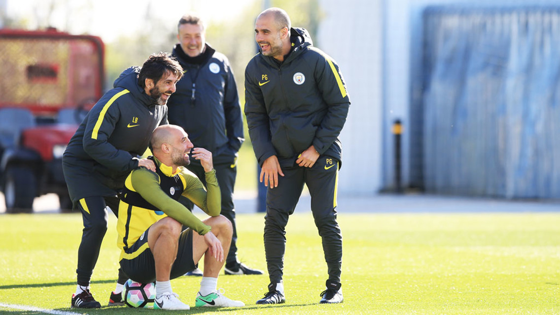 PEP AND PABLO: The pair enjoy a laugh with Lorenzo Buenvenatura