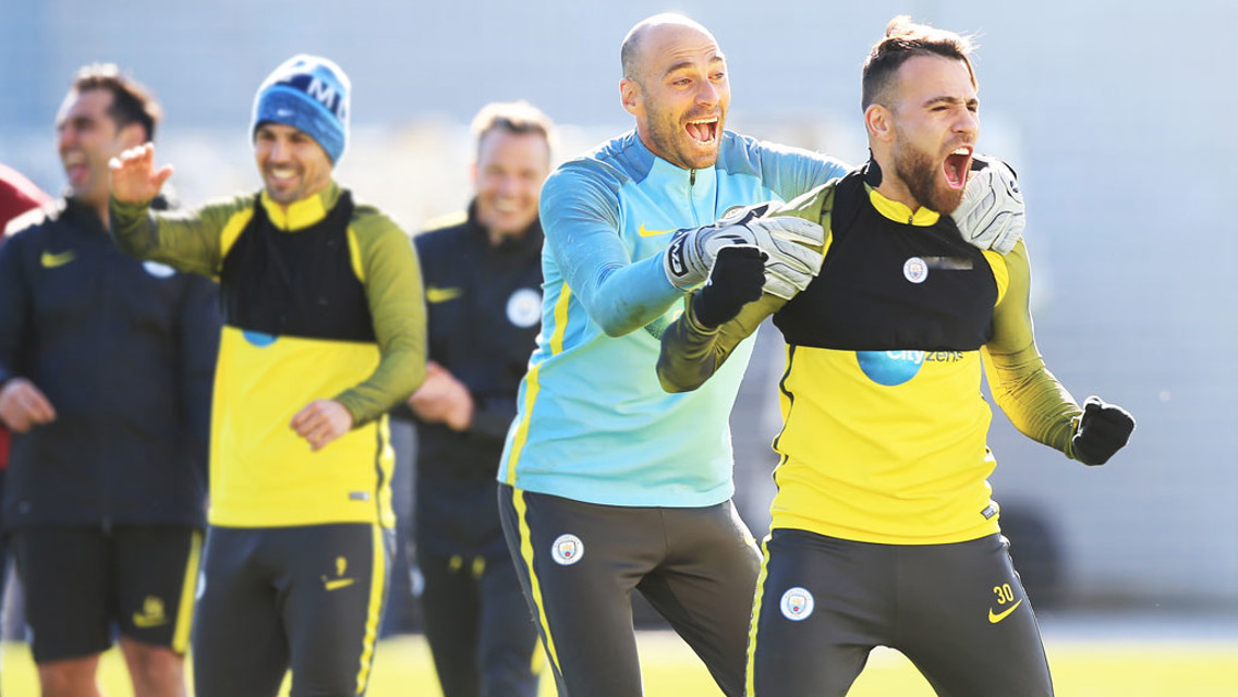 BIG REACTION: Willy Caballero and Nicolas Otamendi can't believe what they are seeing