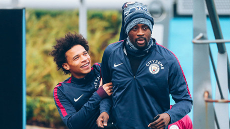 ON YER HEAD: Leroy Sane attempts to dispossess 'Uncle Yaya' of his much-needed headwear!