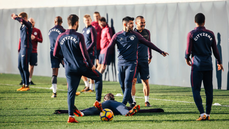 MAN DOWN: The players are finding it all very amusing!