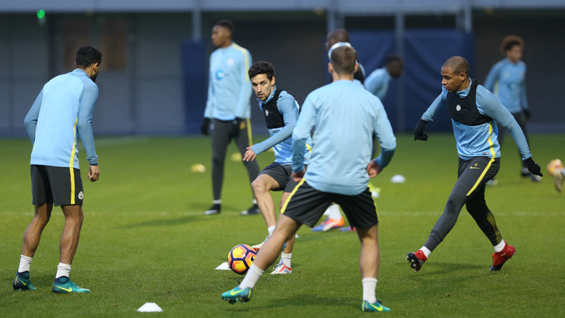 FOCUS: Navas in a passing drill amongst teammates.