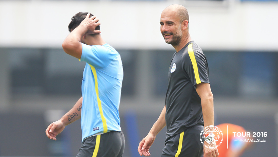 SCHEMING: Pep and Sergio plot how they will take down United tomorrow.