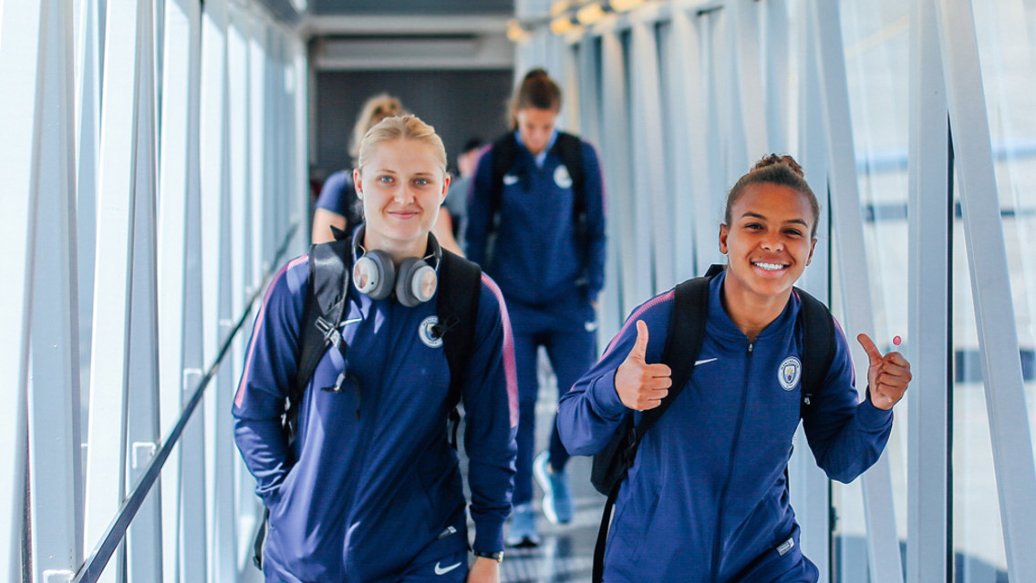 THUMBS UP: A cheerful Nikita Parris and Mie Jans step into Toulouse Airport