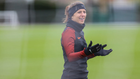 HANDS OUT: Carli Lloyd has a moment of reflection during the session