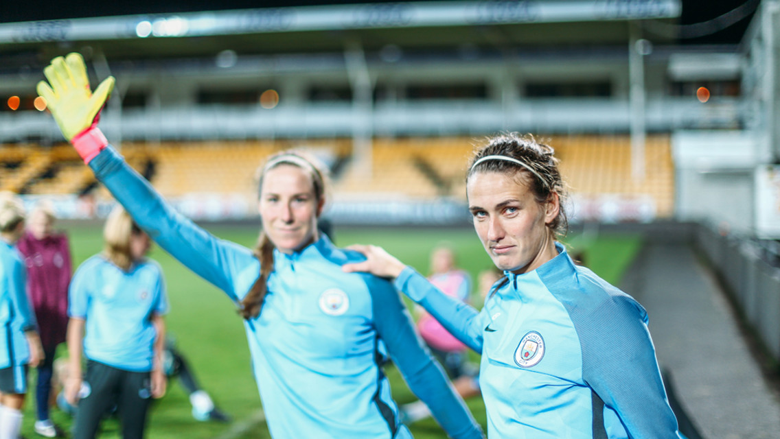 LIONESSES: Karen Bardsley and Jill Scott play up to the camera