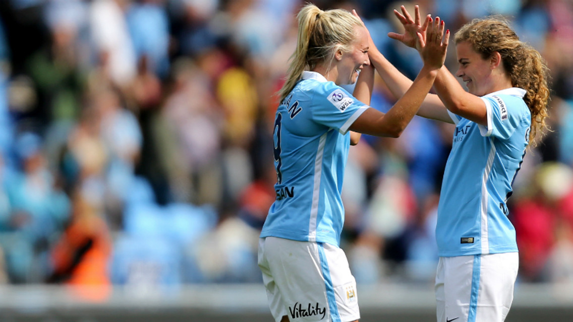 Toni Duggan and Daphne Corboz celebrate against Birmingham