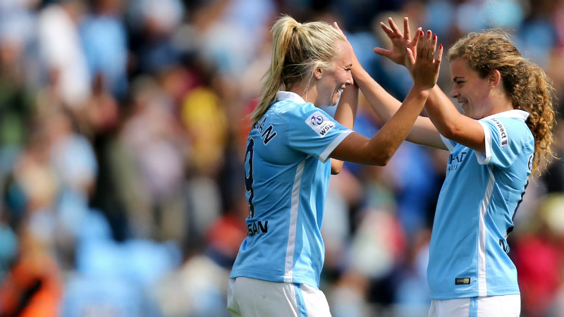 Toni Duggan and Daphne Corboz celebrate