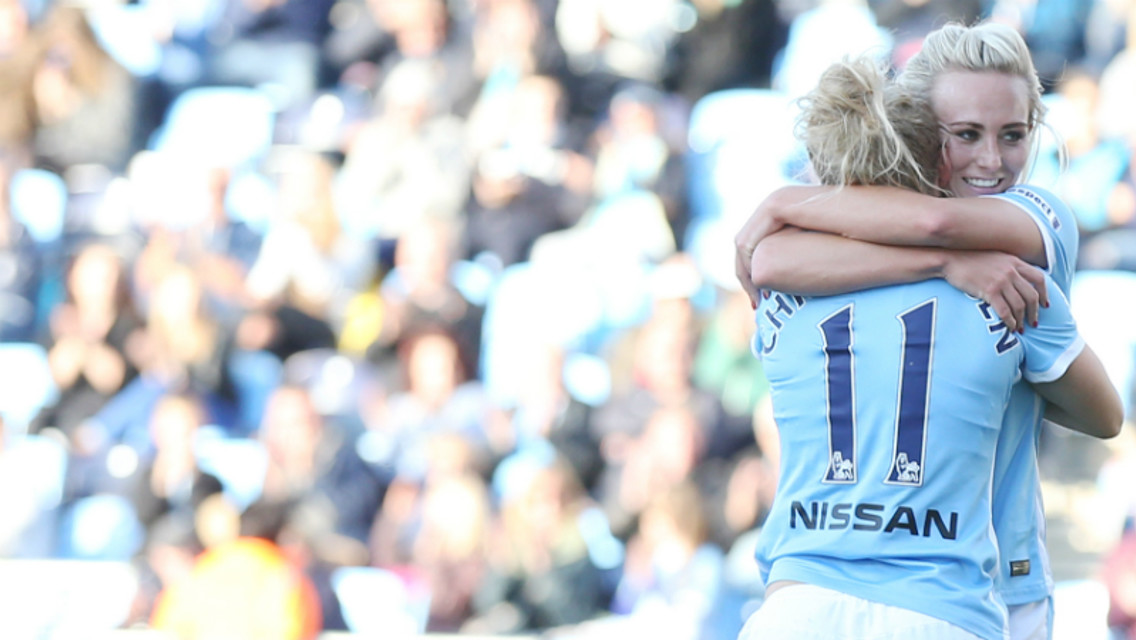 Toni Duggan and Isobel Christiansen celebrate