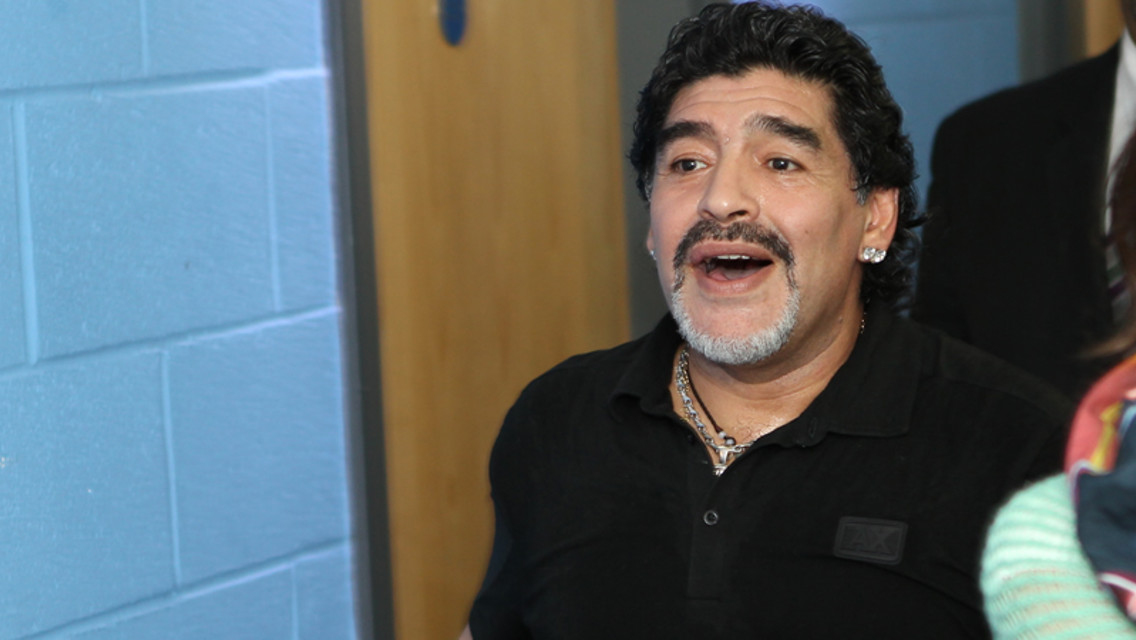 Diego Maradona spots his son-in-law Sergio in the corridor. He then started singing the City fans' 'Sergio, Sergio!' anthem!