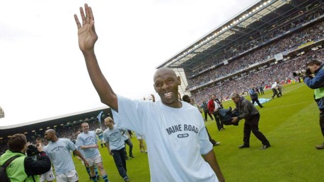 Manchester City's Shaun Goater waves to the crowd after the team's last game at Maine Road, after their FA Barclaycard Premiership match at Man City's Maine Road ground.