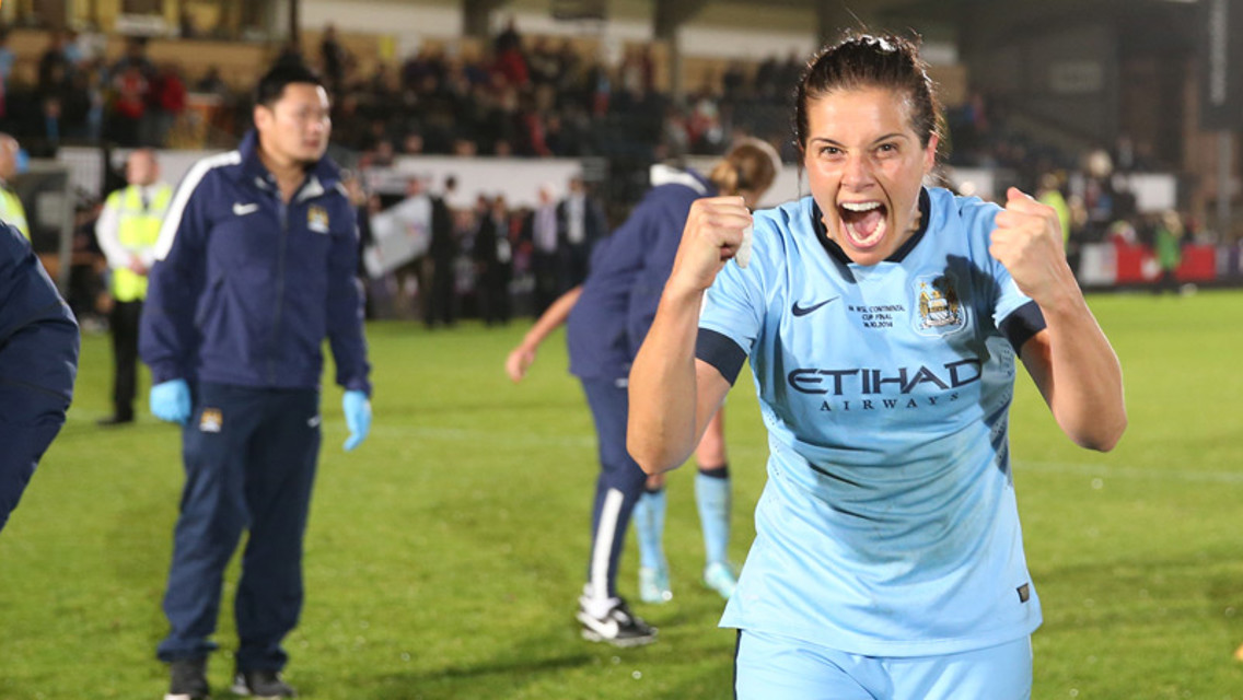 Nicola Harding celebrates in front of our photographer @VHaydn_MCFC 