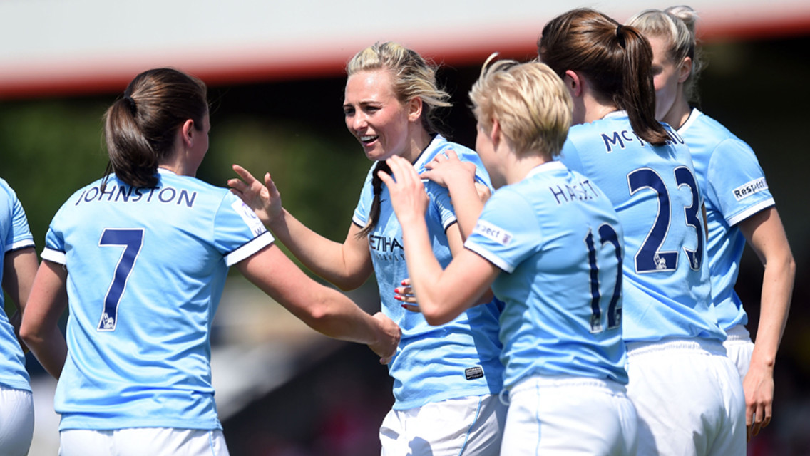 Duggan celebrates her goal against Arsenal