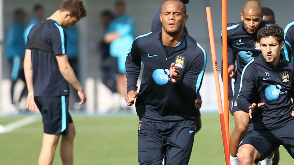 MANCHESTER City training Vincent Kompany Jesus Navas