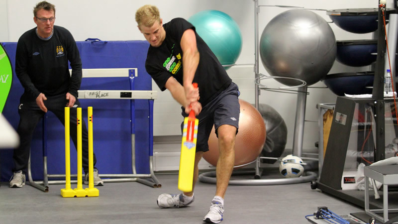 joe hart playing cricket in the gym