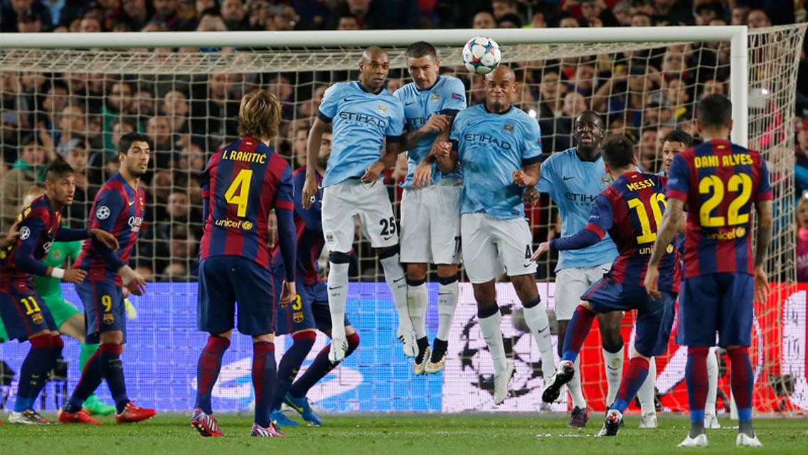 JUMP TO IT: City in action against Barcelona in 2014