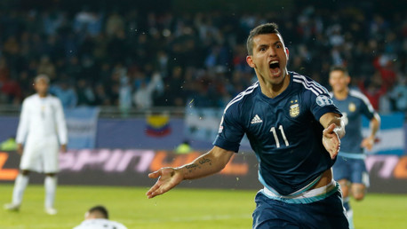 Sergio Aguero scores against Uruguay