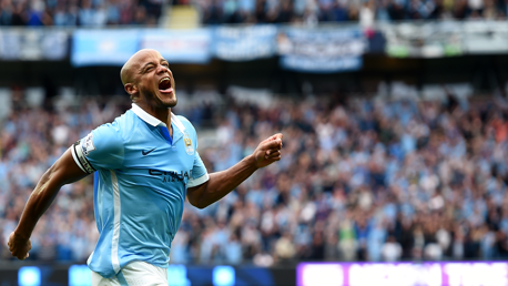 Vincent Kompany celebrates his goal against Chelsea