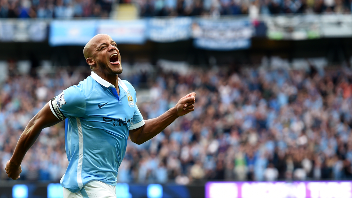 Vincent Kompany celebrates his goal against Chelsea