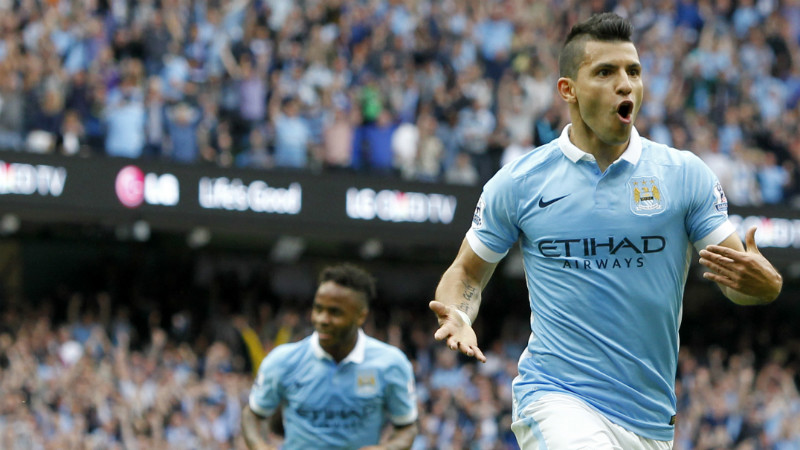 Sergio Aguero celebrates scoring against Chelsea