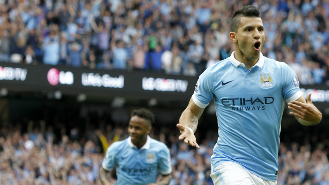 Sergio Aguero celebrates scoring against Chelsea