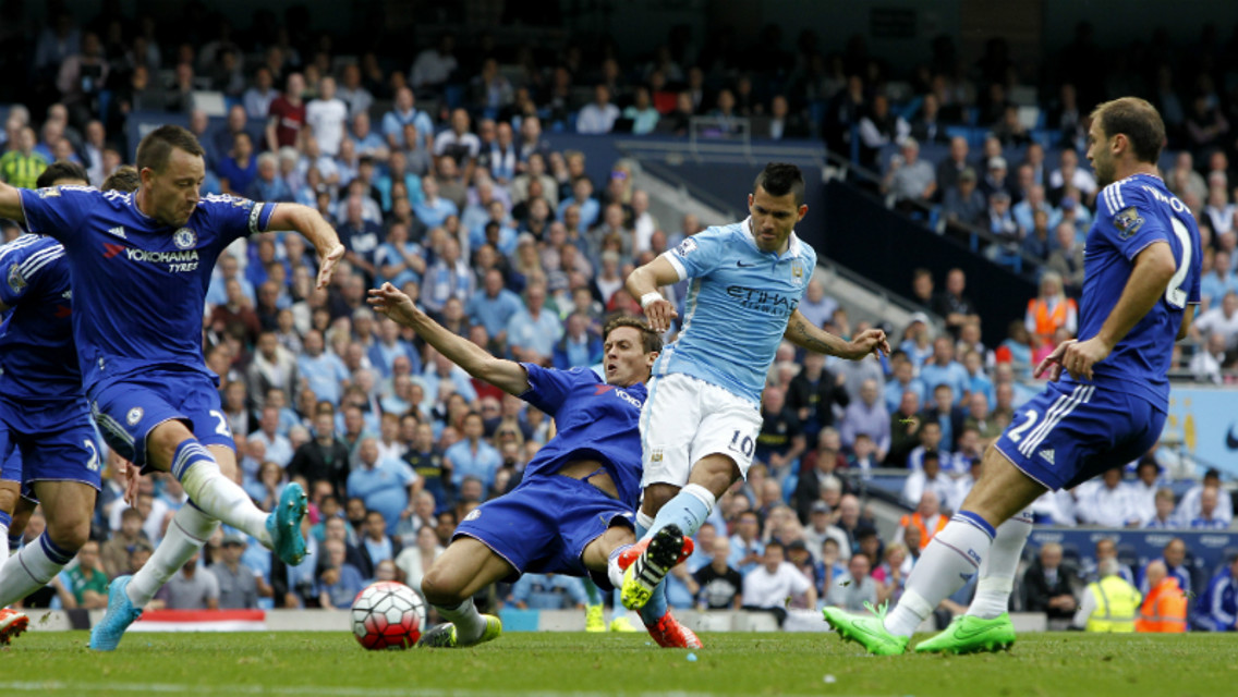Sergio Aguero scores the opening goal against Chelsea