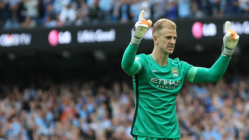 Joe Hart celebrates the opening goal against Chelsea