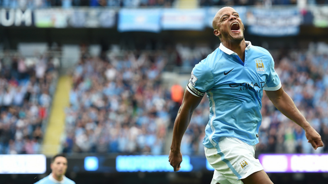 Vincent Kompany celebrates his goal against Chelsea