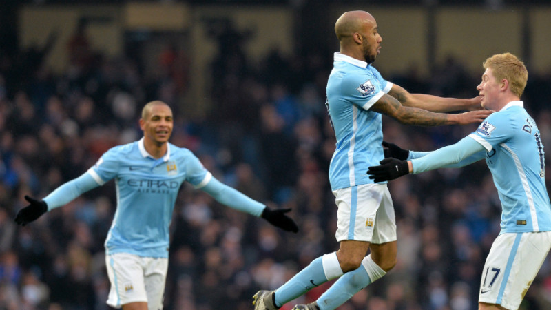 Fabian Delph and Kevin De Bruyne celebrate the opening goal against Crystal Palace