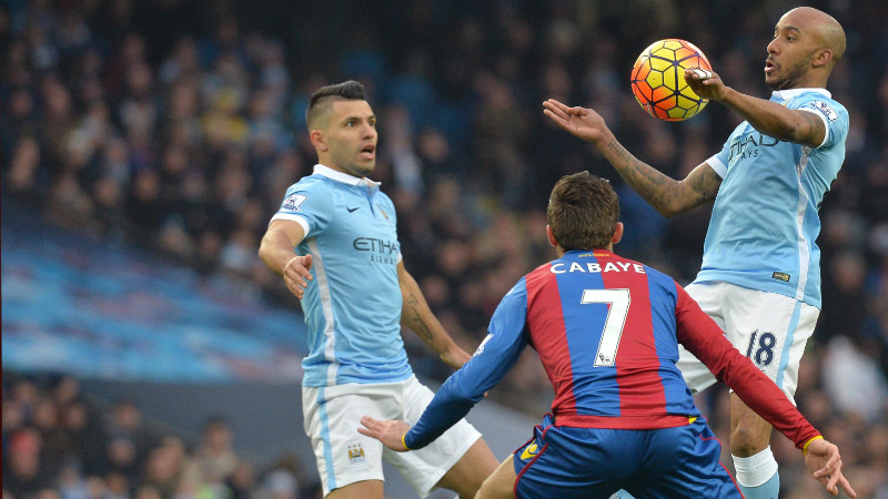 Fabian Delph controls the ball on his chest against Crystal Palace