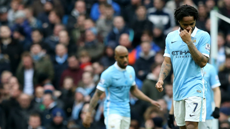 Raheem Sterling appears dejected after Leicester's third goal