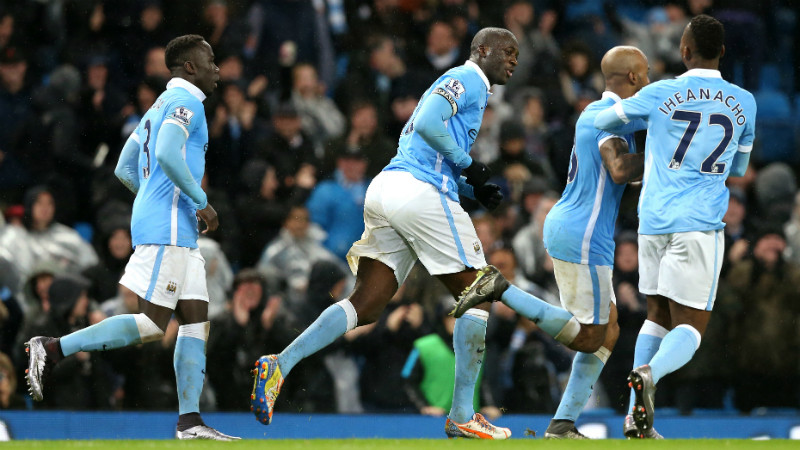 Bacary Sagna, Yaya Toure, Fabian Delph and Kelechi Iheanacho celebrate Manchester City's winning goal