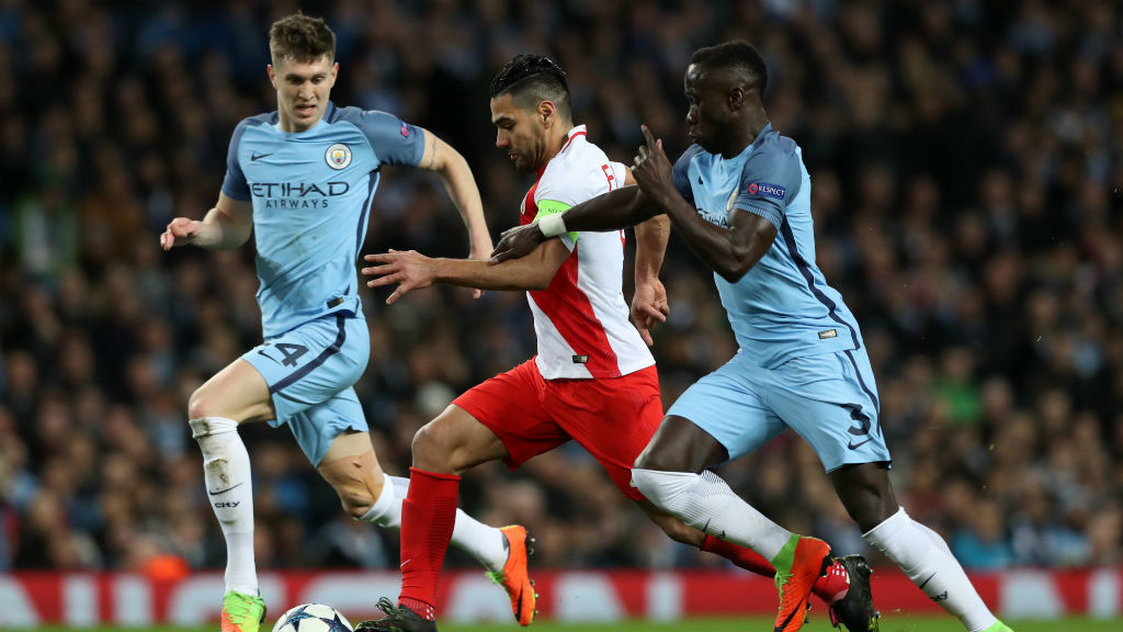 PURSUIT: Stones and Sagna challenge Falcao for the ball