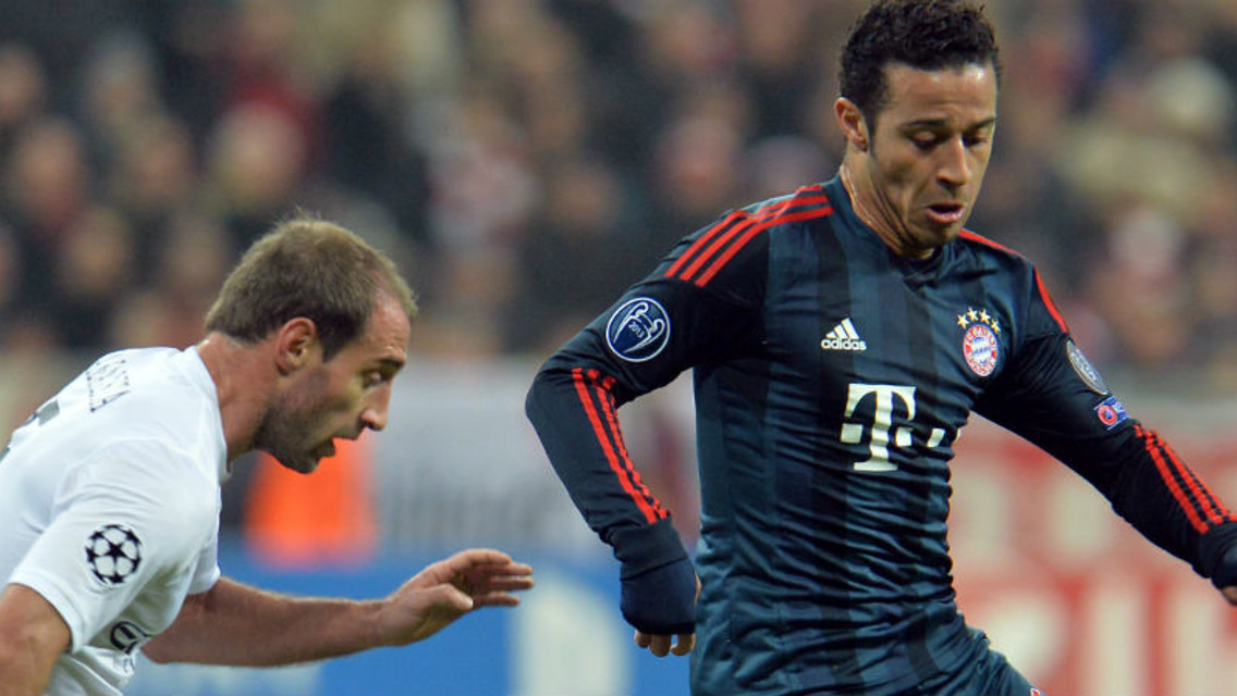 WANTED MAN? Thiago Alcantara takes on Pablo Zabaleta in a Champions League encounter