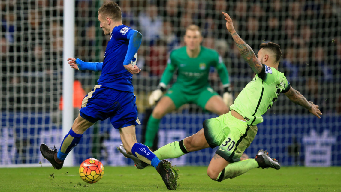 FULL STRETCH: Nicolas Otamendi goes in on Jamie Vardy