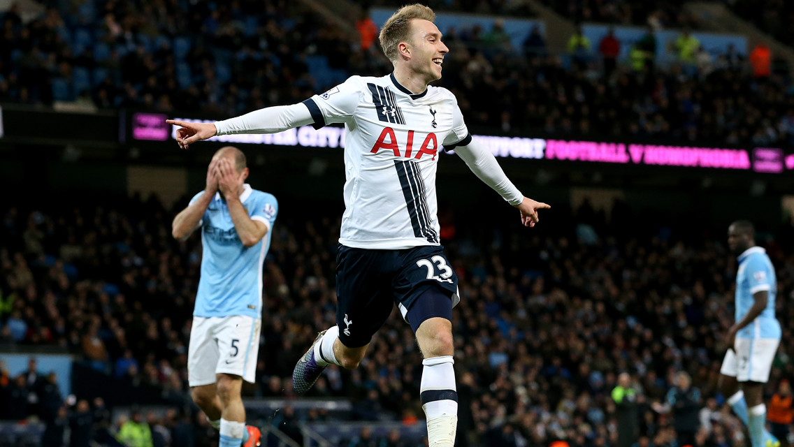 DECISIVE MOMENT: Christian Eriksen celebrates as Pablo Zabaleta holds his head