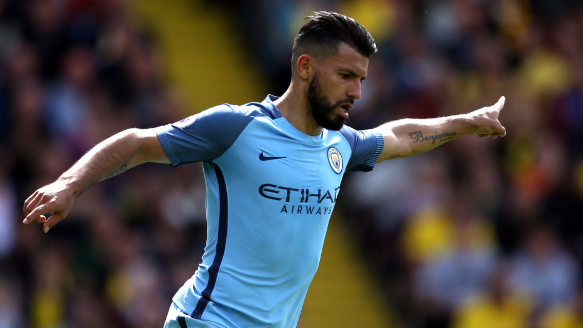 LANDMARK STRIKE: Aguero celebrates equalling his record goal tally for  the club in a single season