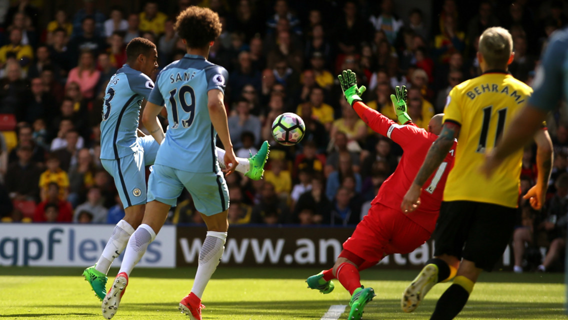 CLOSE CONTROL: Gabriel Jesus scoops the ball over Gomes to make it 5-0.